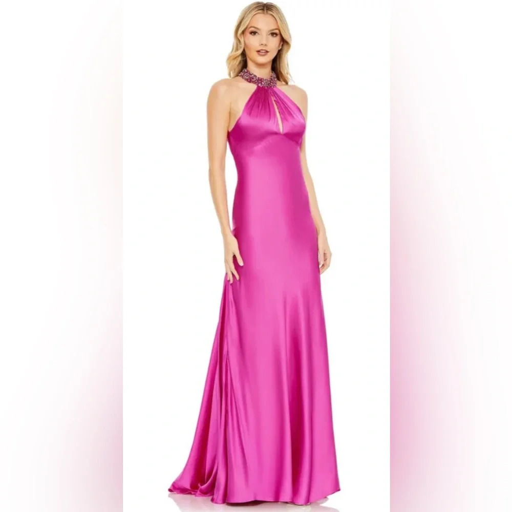 New Mac Duggal 68063 Keyhole High Halter Neck Cutout Back Dress In FUCHSIA Sz 16